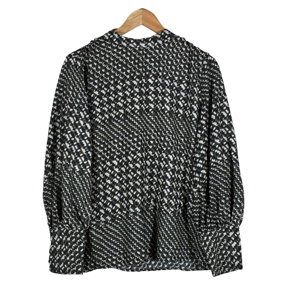 H&M Abstract Geometric Mock Neck Bishop Sleeve Blouse Olive Green Size 10
